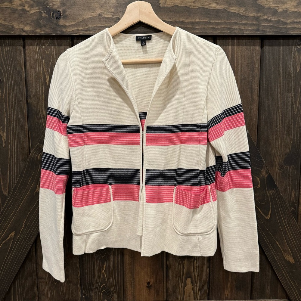 Talbots cream, pink and navy striped blazer cardigan small